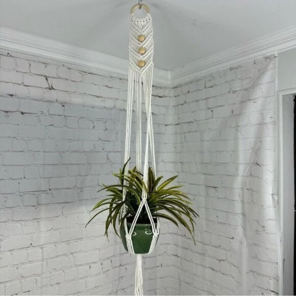 Lot of 4 Macrame Plant Hangers‎ Off White Cotton Boho Beaded Indoor Outdoor NEW